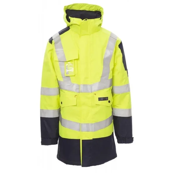 PARKA SHIELD · BICOLOR · IMPERMEABLE [3/4] · IGNIFUGO · ANTIESTATICO · RIESGO QUIMICO · CAPUCHA PLEGABLE · AV · CE III CAT